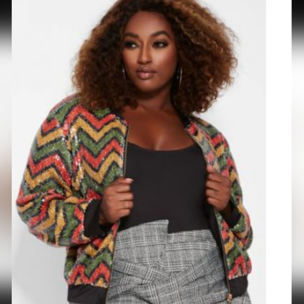 Ashley Stewart Chevron Sequin Bomber Jacket